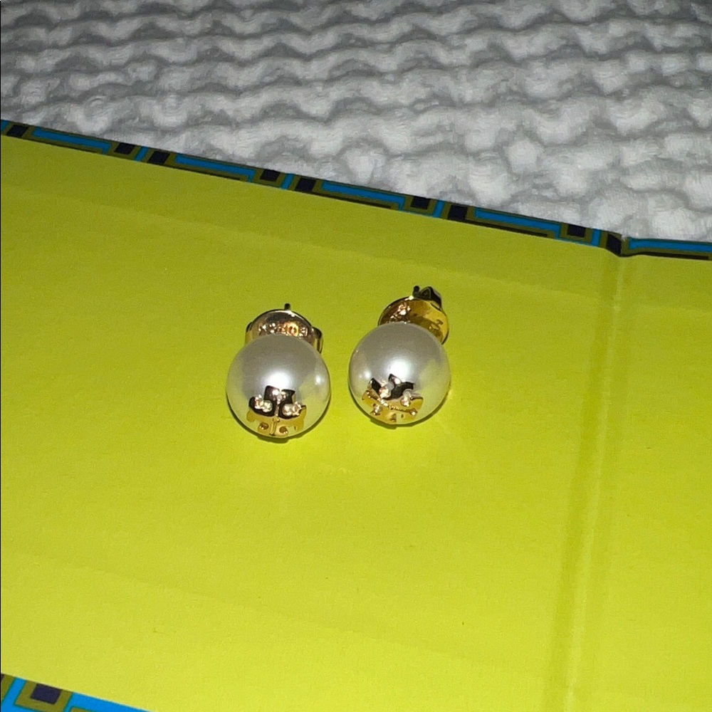 Elegant Gold and White Pearl Tory Burch Stud Earrings